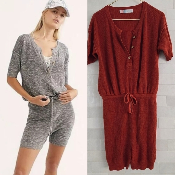 Pants - Free People FP Beach Slouchy Knit Sunday Shorts Romper Rust Orange Size  Medium